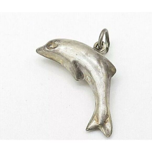 925 Sterling Silver - Vintage Smooth Puffy Leaping‎ Dolphin Motif Pendant - Picture 3 of 3
